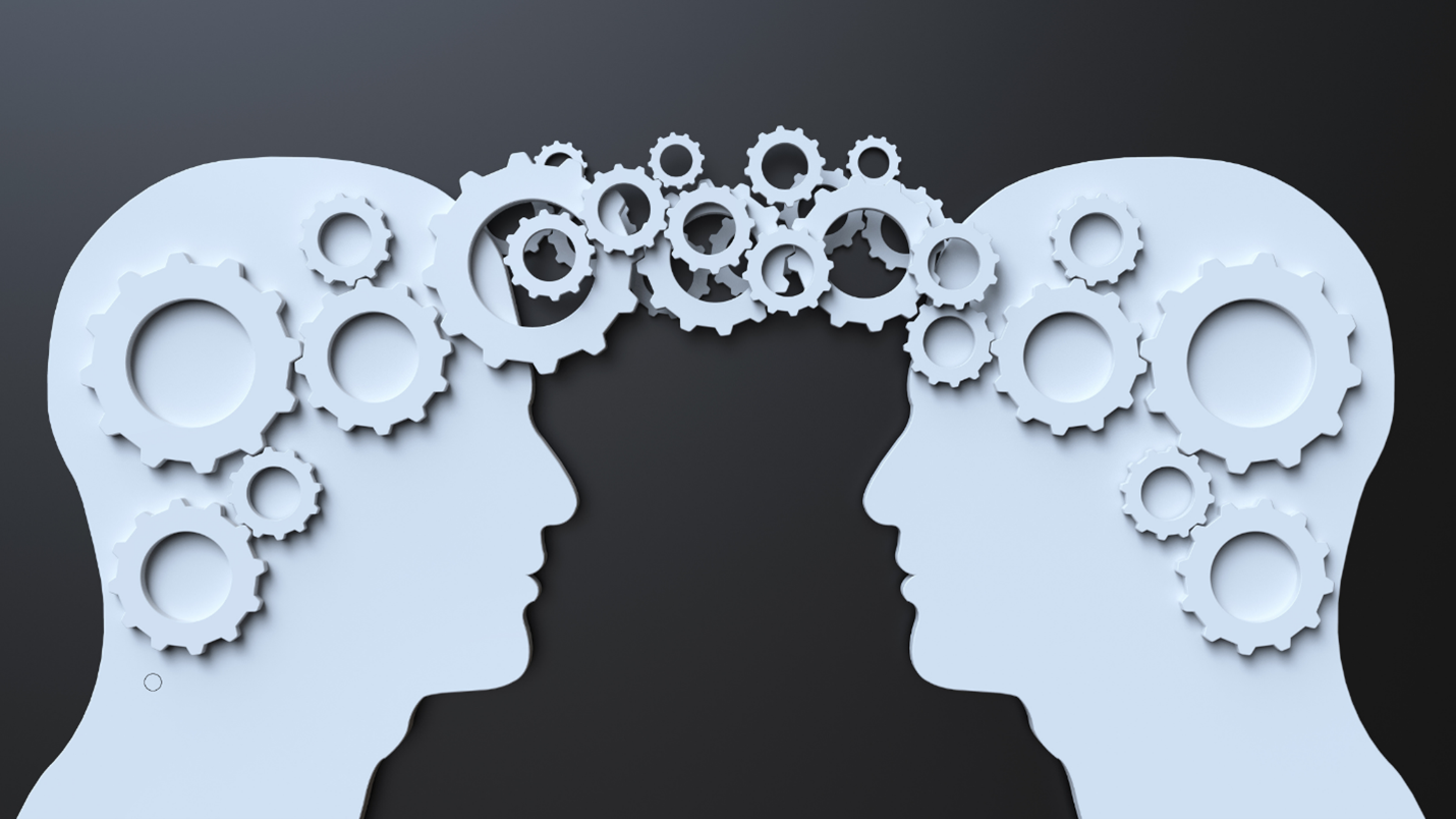 Two individuals with gears in their heads, symbolizing teamwork and collaboration in problem-solving.