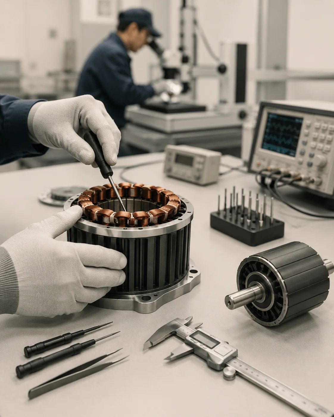 Technician in gloves using a tool to adjust copper windings inside a motor stator in a lab with measurement instruments nearby