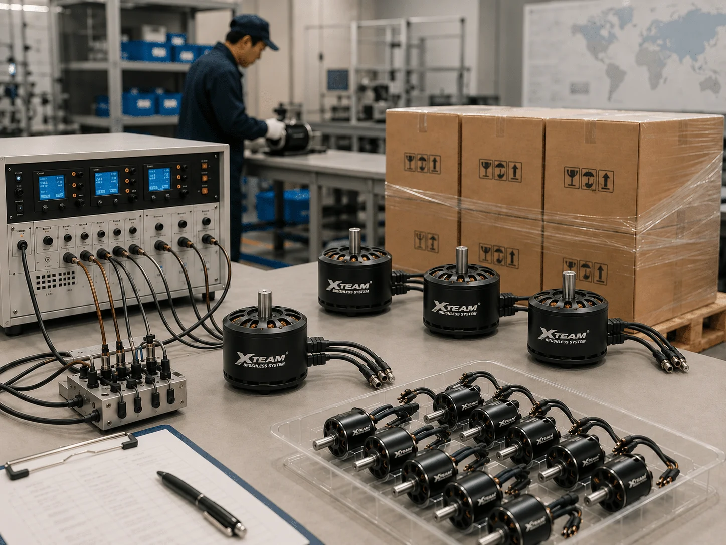 Industrial workspace with a technician in the background assembling XTEAM brushless motors on a bench beside packaged boxes.