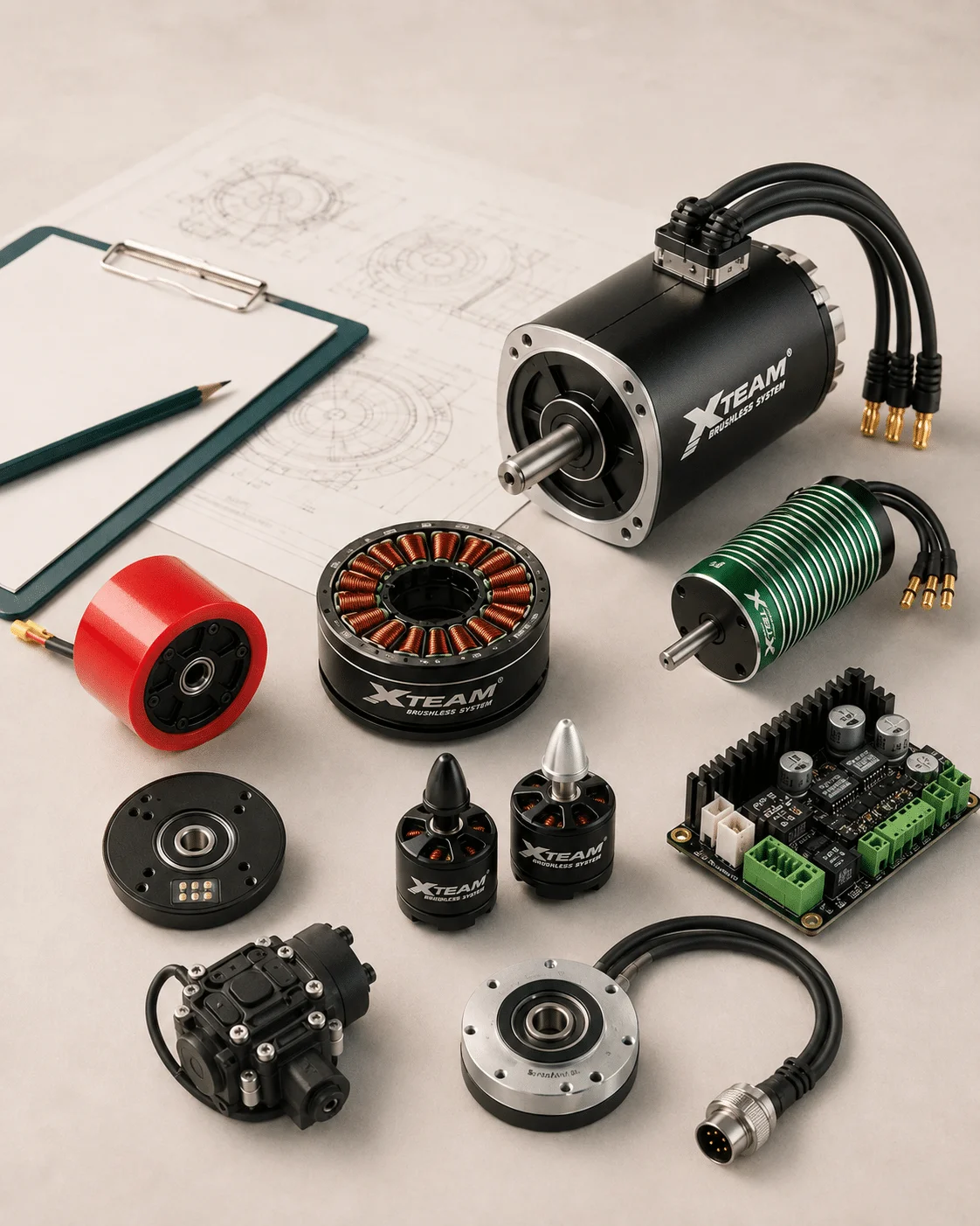 Multiple XTEAM brushless motor parts laid out on a worktable, including a black motor, red wheel, green coil, stator, circuit board, and wiring with blueprints in the background.