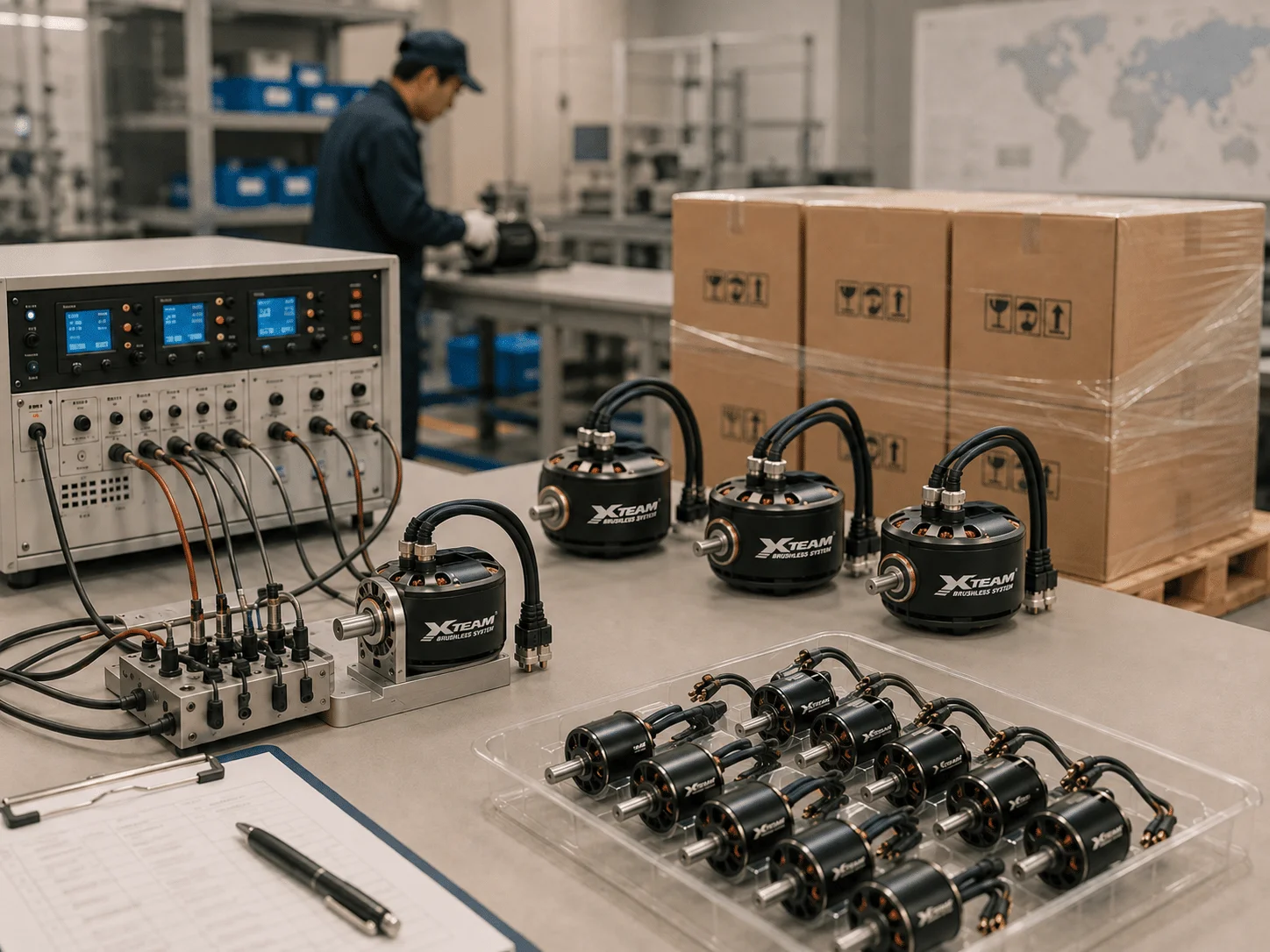 Industrial workshop featuring a motor test bench with multiple XTEAM brushless motors and a control panel on a worktable