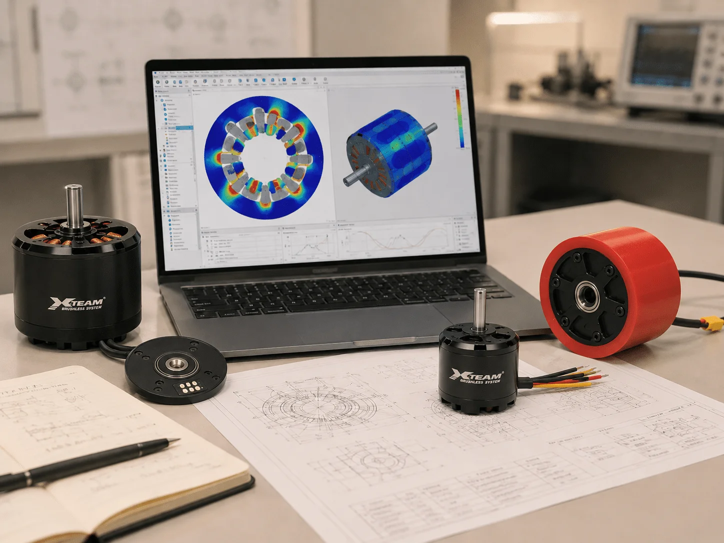 Engineering workstation with a laptop showing CAD models of a rotor and motor, surrounded by motor parts and schematic drawings on a desk.