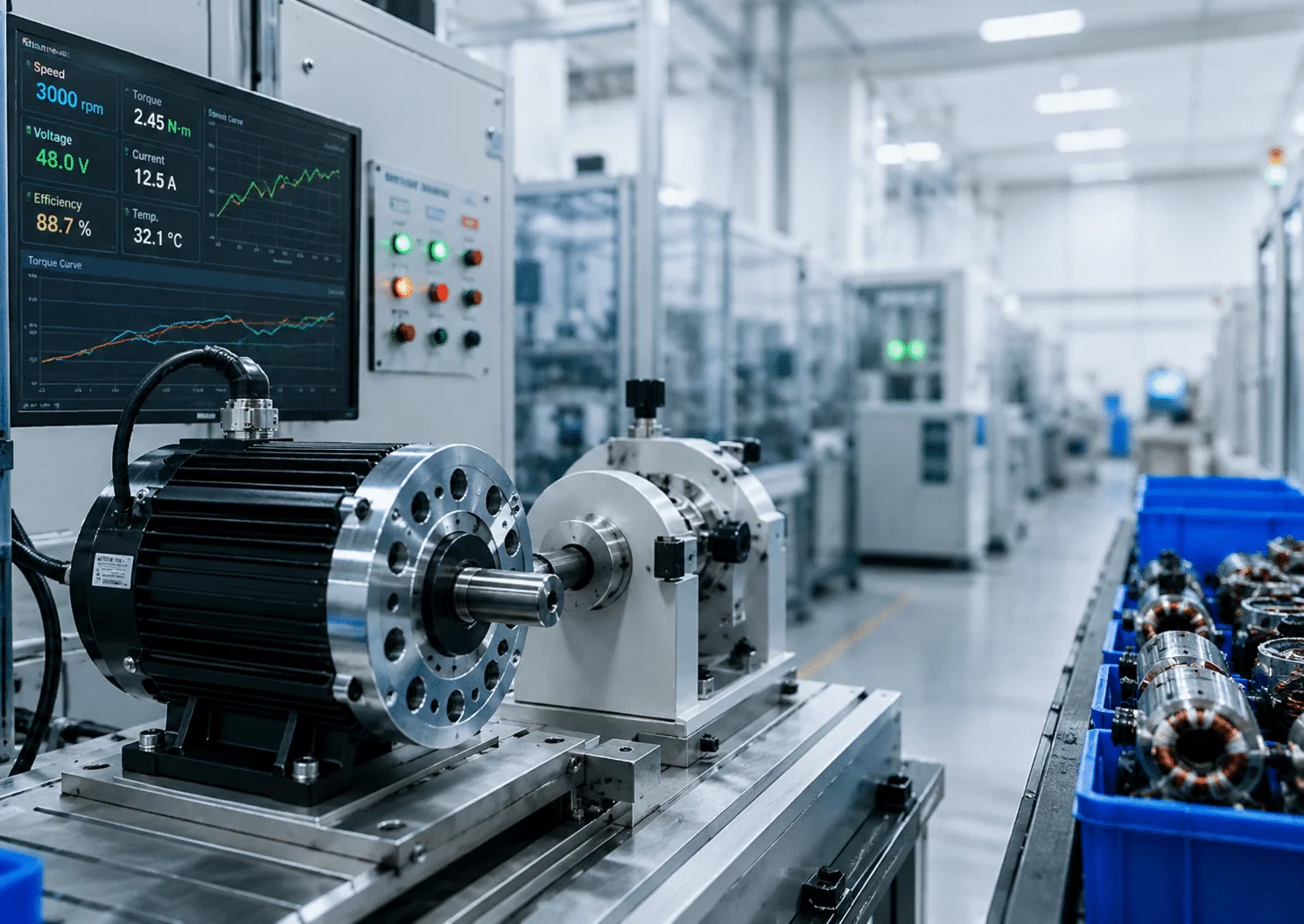 Industrial lab scene with a large electric motor on a precision test bench and a control panel displaying gauges and graphs; blue bins with coils line a conveyor to the right.