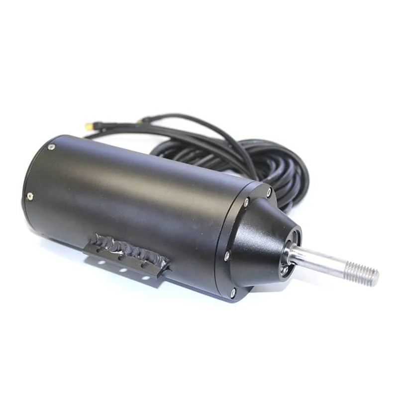 Black cylindrical DC motor with a metal protruding shaft on a white background, cables trailing behind.