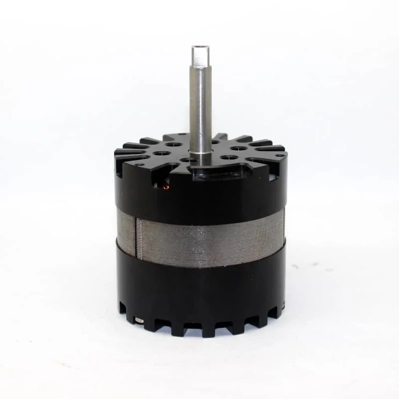 Compact motor with a vertical silver drive shaft extending from a black, vented housing on top.