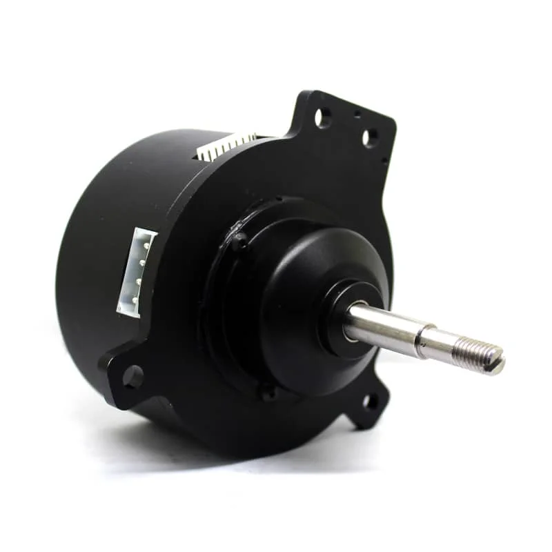 Black stepper motor with flange mount and a protruding silver drive shaft.