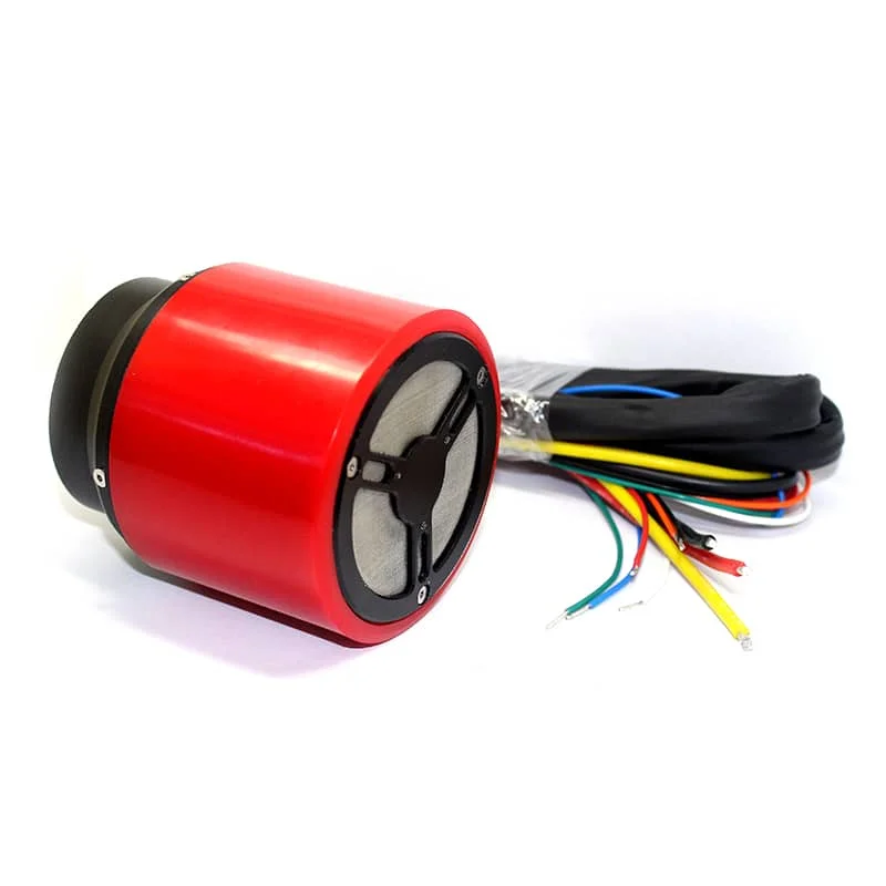 Red cylindrical speaker module with a black back and a bundle of loose multicolored wires to the side.