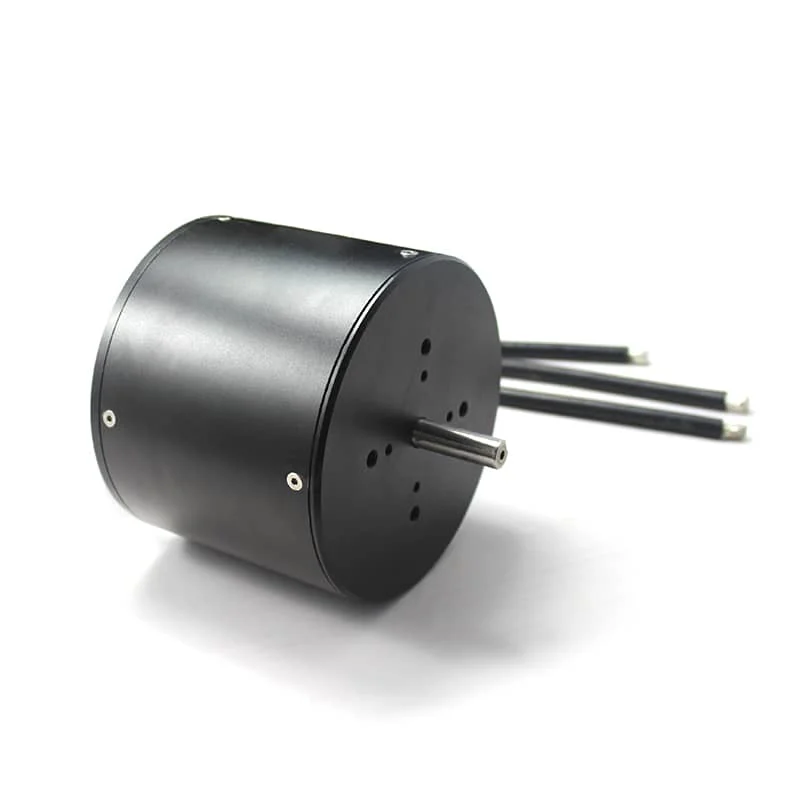 Black cylindrical electric motor with two protruding metal shafts and mounting holes on the side for mounting screws.