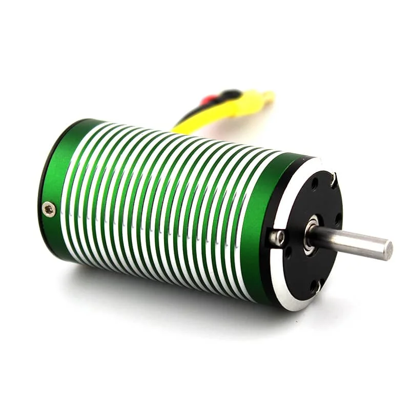 Green cylindrical motor with white stripes and exposed metal shaft (stepper/DC motor) on a white background