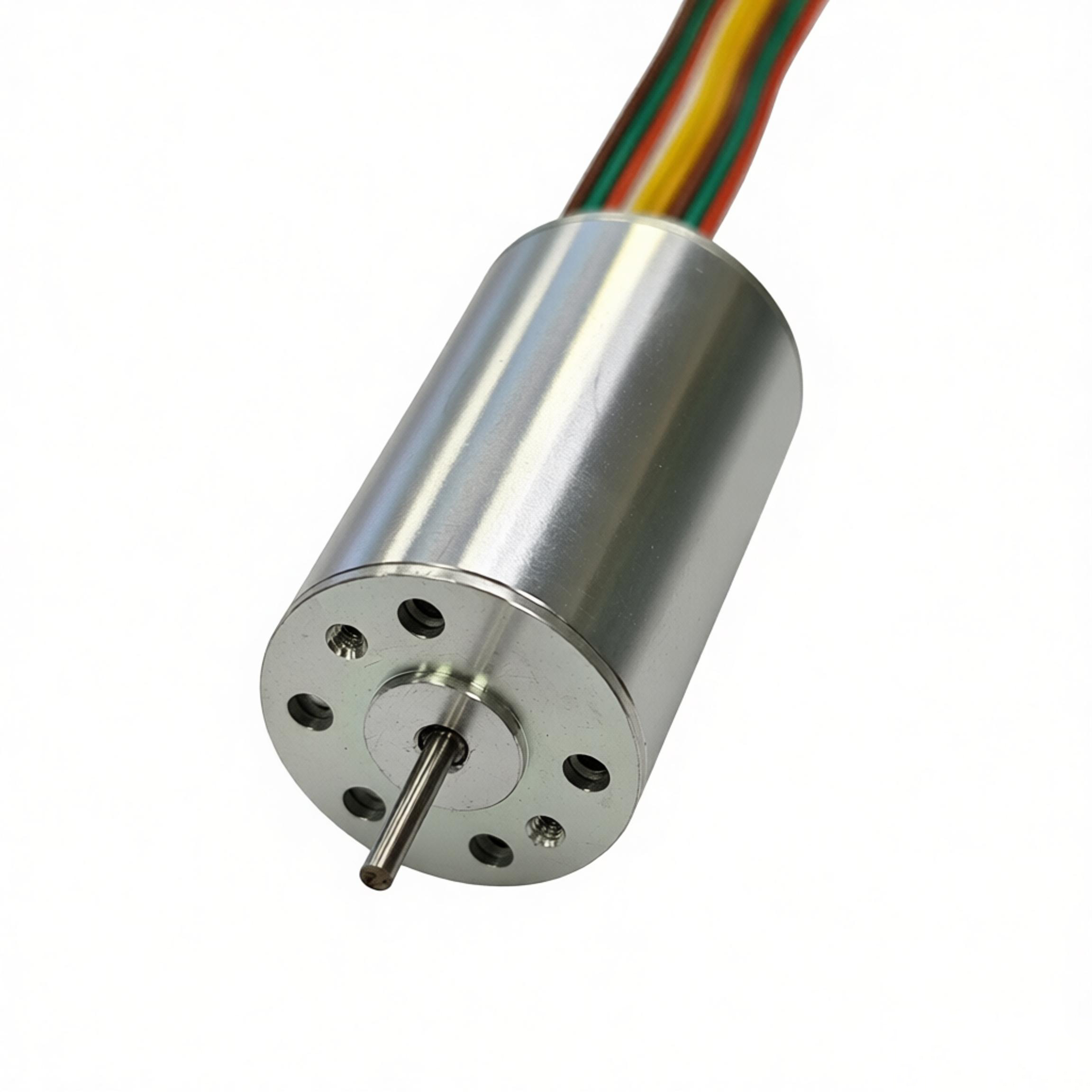 Metallic cylindrical actuator with a bundle of red, yellow, green, and brown wires extending from its end.
